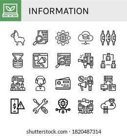 information icon set. Collection of Smart greenhouse, Llama, Coding, Internet, Mortarboard, Calcium, Funnel, Website, Binary code, Support, Share, System, Customer service agent icons