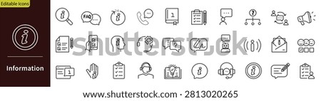 Information icon set. Containing data, help, faq, guide, manual, knowledge, assistance, and support. Editable stroke. Vector illustration