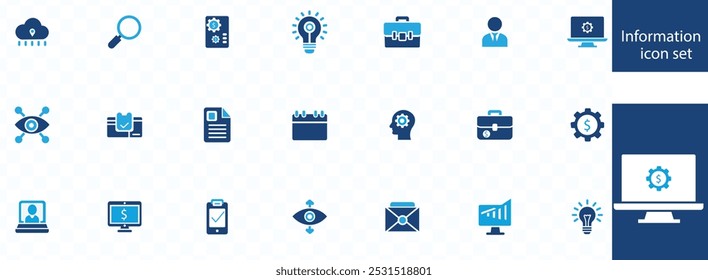 Information icon set. Containing info, help, inform, support, news, about us, instructions and notice icons. Solid icon collection. Vector