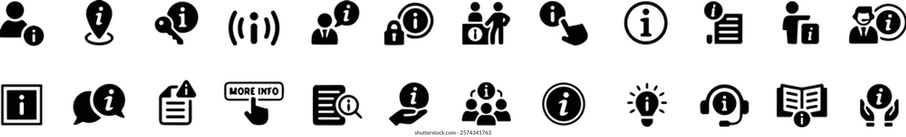 Information icon set. Containing info, help, inform, support, news, about us, instructions and notice icons.