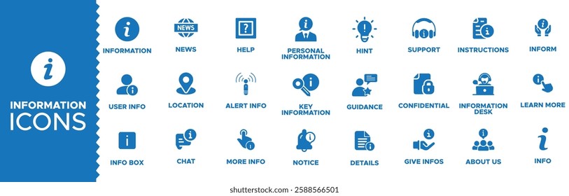 Information icon set. Containing info, help, inform, support, news, about us, instructions and notice icons. Solid icon collection. Vector illustration. information icons set or pack