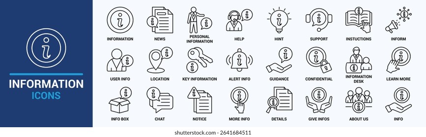 Information icon set. Containing info, help, inform, support, news, about us, instructions and notice icons. Solid icon collection. Vector illustration.