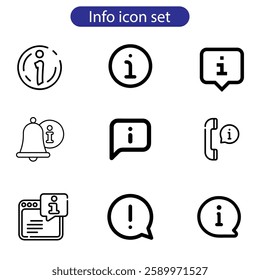 Information icon set. Contains such icons as call center, chat bubbles, Info help desk icons, question mark, search information, customer help vector art icon set on white background.