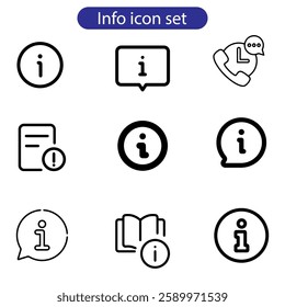 Information icon set. Contains such icons as call center, chat bubbles, Info help desk icons, question mark, search information, customer help vector art icon set on white background.