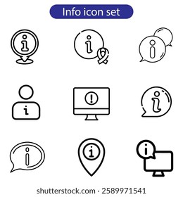 Information icon set. Contains such icons as call center, chat bubbles, Info help desk icons, question mark, search information, customer help vector art icon set on white background.