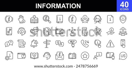 Information icon set. Contains such icons as call center, faq chat bubbles, Info help desk icons, question mark, search information, customer help service, manual, rule, instruction and more