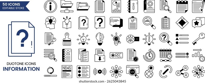 Ícone de informação definido no estilo duotônico. Contendo centro de informações, ajuda, guia, suporte, notícias, sobre nós, manual e muito mais. Ilustração vetorial