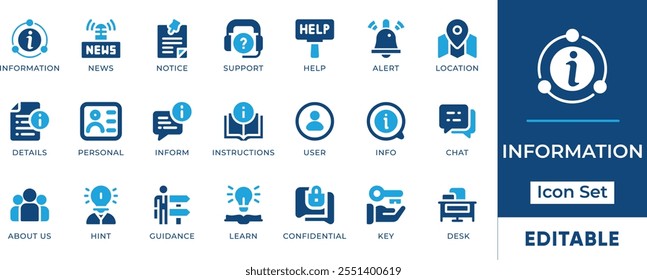 Conjunto de Ícones de Informações. Apresenta ícones editáveis para informações, ajuda, suporte, FAQ, notícias e muito mais. Perfeito para sites, aplicativos e projetos digitais.