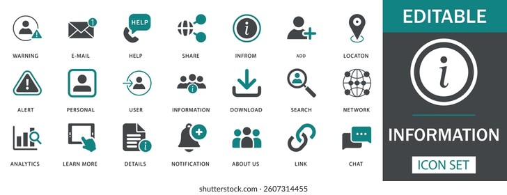 Information Icon Set
Featuring information, alert, email, search, network, analytics, notification, chat, download, and more. Perfect for websites, apps, UI UX, customer support, and data dashboards.