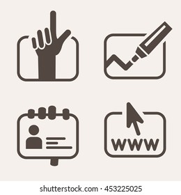 Information icon set. Hand thumbs up marker marking, underlining, highlighting, business card in hand, a web search. Vector illustration. 