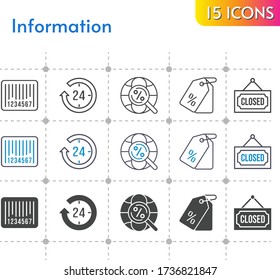 information icon set. included 24-hours, price tag, closed, barcode, internet icons on white background. linear, bicolor, filled styles.