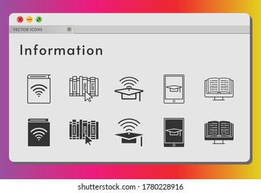 information icon set. included audiobook, cap, ebook, book, student, tablet icons on white background. linear, filled styles.