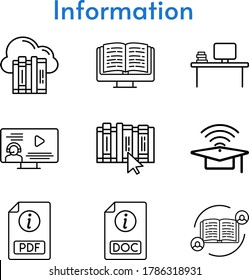 information icon set. included cloud, feedback, ebook, desktop, cap, pdf, instructor, book, doc icons. linear styles.