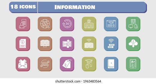 information icon set. included newsletter, study, test, book, learning, login, feedback, ereader, 24-hours, ebook, pdf icons on white background. linear, filled styles.