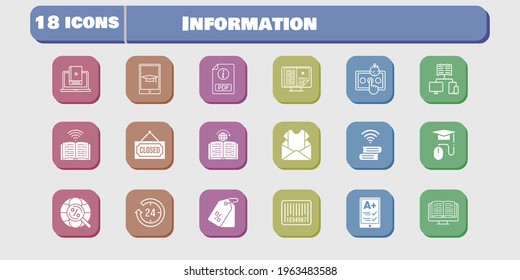 information icon set. included newsletter, test, learn, book, learning, 24-hours, ereader, ebook, pdf, school, elearning icons on white background. linear, filled styles.