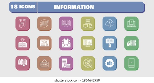 information icon set. included newsletter, like, learn, book, login, feedback, ebook, books, online-learning, school, elearning icons on white background. linear, filled styles.