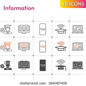 information icon set. included student-smartphone, professor, ebook, cap, student icons on white background. linear, bicolor, filled styles.