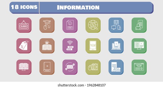 conjunto de iconos de información. incluye estudio, aprendizaje, libro, aprendizaje, inicio de sesión, comentarios, ebook, libros, pdf, aprendizaje en línea, iconos escolares sobre fondo blanco. estilos lineales y llenos.