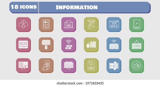 information icon set. included study, test, like, learn, book, login, ereader, ebook, pdf, books, elearning, closed, information icons on white background. linear, filled styles.