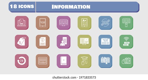information icon set. included study, learn, book, login, feedback, 24-hours, ereader, ebook, books, pdf, elearning, price tag icons on white background. linear, filled styles.