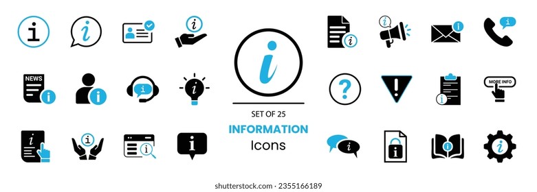 Icon-Set. Info, Support, Jetzt kaufen, persönliche Informationen, Identität, Chat, Warnung