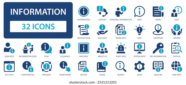 Information icon set. Info, support, manual, guide, inform, rule, instructions, help.