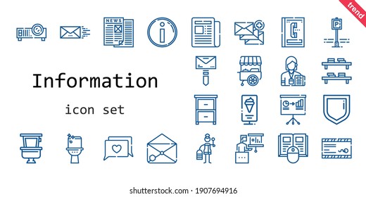 information icon set. line icon style. information related icons such as newspaper, news, parking, mail, bookshelf, book, drawer, presentation, journalist, security, toilet, phone book, projector