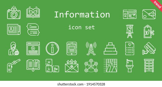 conjunto de iconos de información. estilo de icono de línea. iconos relacionados con la información como estacionamiento, periódico, torre de señal, sitio web, libro, reportero de noticias, cajón, informe de noticias, video, cctv, tabla periódica, gráfico de pirámide