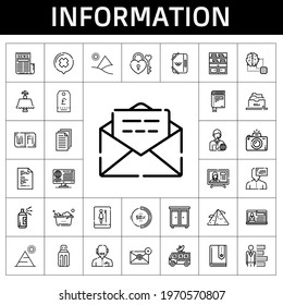 information icon set. line icon style. information related icons such as usb, book, news reporter, paint, satellite dish, filing cabinet, padlock, artificial intelligence, file