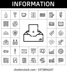 information icon set. line icon style. information related icons such as newspaper, mail, paint brush, book, sign, quotes, download, open book, projector, bar chart, options