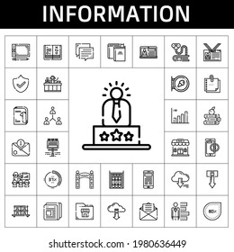 information icon set. line icon style. information related icons such as newspaper, server, sign, network, presentation, bar, security, download, receptionist, percentage, science book