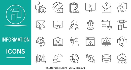 Conjunto de iconos de información en estilo de línea. Incluye datos, información, ayuda, Asistencia, documento, asistencia y más. Ilustración vectorial. eps 10