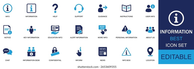 Information icon set. Modern icons for info, help, support, guidance, instructions, user info, notice, chat, confidential, news, location use. Solid icon collection. Vector illustration.