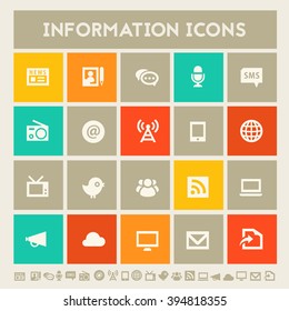 Information icon set. Multicolored square flat buttons