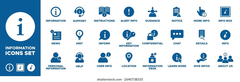 Information icon set. news, personal information, help, hint, support, instructions, inform, user info, location, key information, alert info icons. Solid icon collection. Vector illustration.