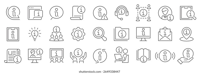 Conjunto de ícones de informações. Informações sobre recepção, caminho da viagem, guia. centro de informações, call center, bolhas de bate-papo de perguntas frequentes, help desk de informações, notícias, instruções, aviso e muito mais. Ilustração vetorial