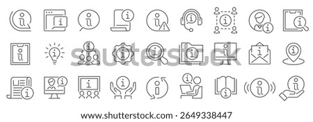 Information icon set. Reception information, journey path, guide book. info center, call center, faq chat bubbles, info help desk, news, instructions, notice and more. Vector illustration