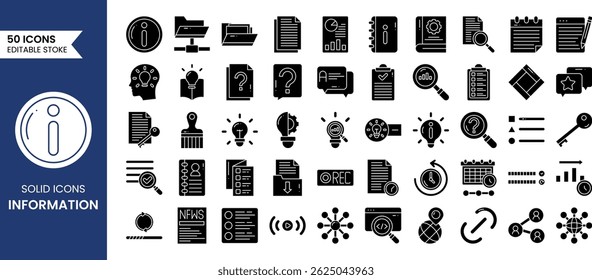 Information icon set in solid style. Containing info center, help, guide, support, news, about us, manual and more. Vector illustration