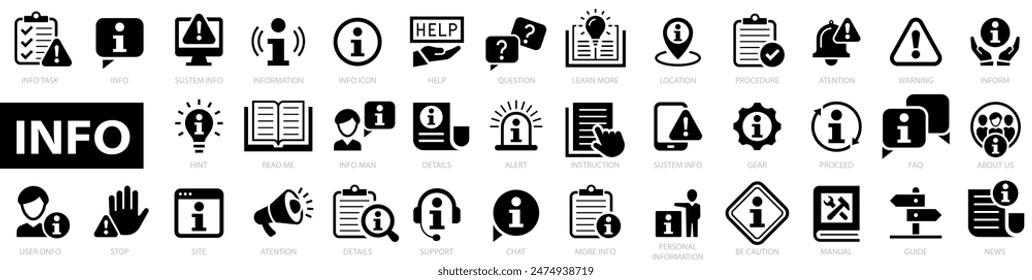 Information icon set. Vector set of information flat icons.Containing icons instructions, guide, manual, an info center, support, news, guide, reference, help and more. Vector illustration.