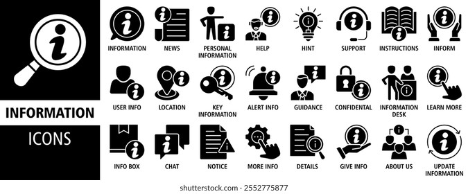 Information icon set vector illustration. Containing icon of info, help, inform, support, news, about us, instructions and notice icons. Solid icon vector symbol collection.