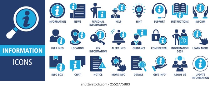 Information icon set vector illustration. Containing icon of info, help, inform, support, news, about us, instructions and notice icons. Solid icon vector symbol collection.