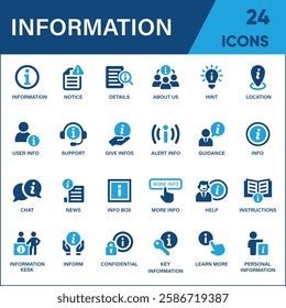 Information Icon Set – A Versatile Collection of Info, Help, Support, News, About Us, Instructions, Notices, and More Solid Vector Icons.