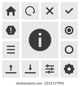 Information icon vector design. Simple set of smartphone app icons silhouette, solid black icon. Phone application icons concept. Home, refresh, menu, setting, adjust, ok, cancel, information buttons