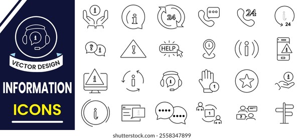 Information icon, vector set. Information Technology line icon set. Search information icon, customer help service, manual, rule, instruction line icon design. Vector illustrator.