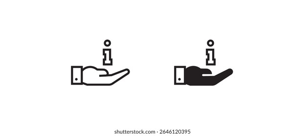 Ícone de informação à mão , botão de ícones de sinal de informação, vetor, símbolo, logotipo, ilustração, traço editável, estilo de design plano isolado no pictograma linear branco