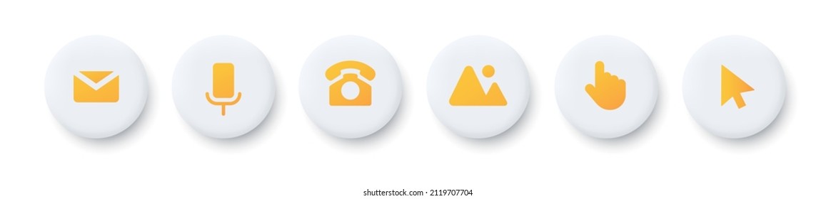 Information icons in claymorphism style. White soft 3d icons with yellow icons: microphone, gallery, phone, mail, pointer. Set of vector clipart isolated on white background.