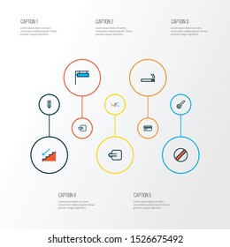 Information icons colored line set with smoke, steps down, disabled and other sign
elements. Isolated vector illustration information icons.