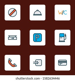 Information icons colored line set with disabled, card, gas station and other ban elements. Isolated vector illustration information icons.