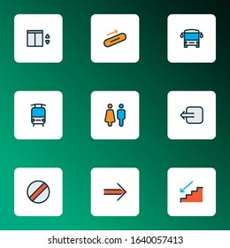 Information icons colored line set with way out, train, steps down and other ban elements. Isolated vector illustration information icons.
