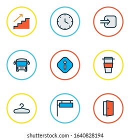 Information icons colored line set with way in, clock, info and other autobus elements. Isolated vector illustration information icons.